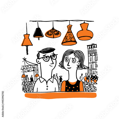 Hand-Drawn Doodle Illustration of Couple with Festive Lights