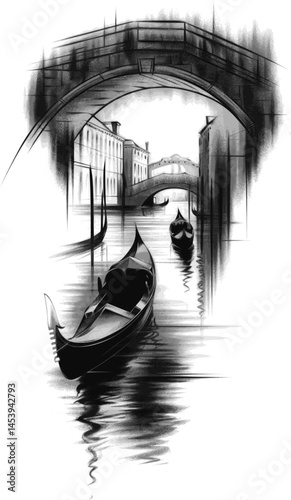 Minimalist Charcoal style Vector Illustration of Venice Canal with Gondolas and Stone Bridge