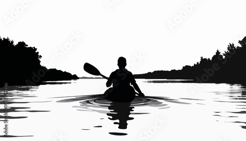 Silhouette of a kayaker paddling on calm river, tranquil adventure