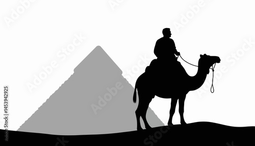Silhouette of rider on camel against pyramid background, ancient journey