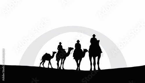 Silhouettes of riders on camels against sunset backdrop, adventure spirit