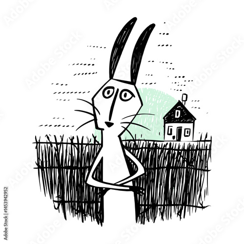 Whimsical Hand-Drawn Doodle of Rabbit Near Farmhouse Illustration
