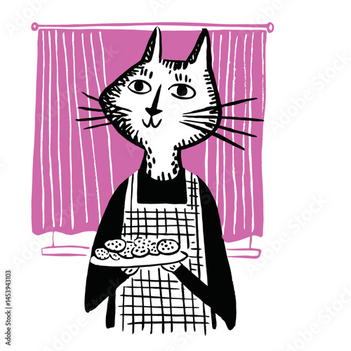 Hand-Drawn Cat Holding Cookies in a Playful Kitchen Scene