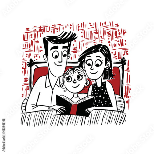 Family Enjoys Storytime Together in Hand-Drawn Doodle Illustration