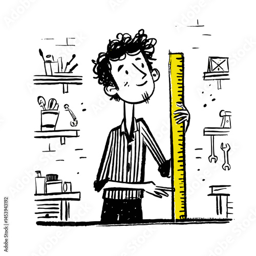 Hand-Drawn Doodle of Young Person Measuring with Ruler Illustration