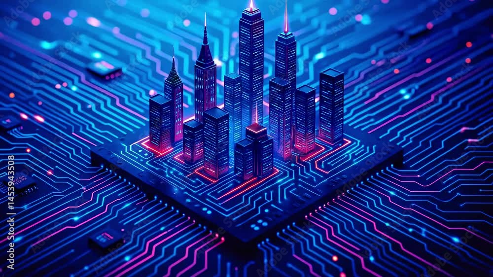 Futuristic smart city skyline built on a glowing circuit board, representing technology, digital innovation, data connectivity, and modern urban living. Perfect for themes of smart city, AI, and digit