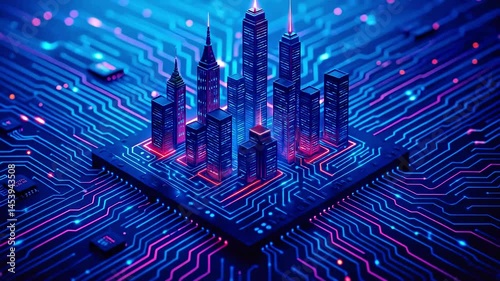 Futuristic smart city skyline built on a glowing circuit board, representing technology, digital innovation, data connectivity, and modern urban living. Perfect for themes of smart city, AI, and digit