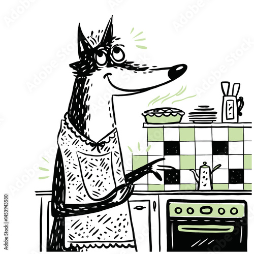 Doodle of a Happy Wolf Cooking in a Kitchen Setting with Fun Details