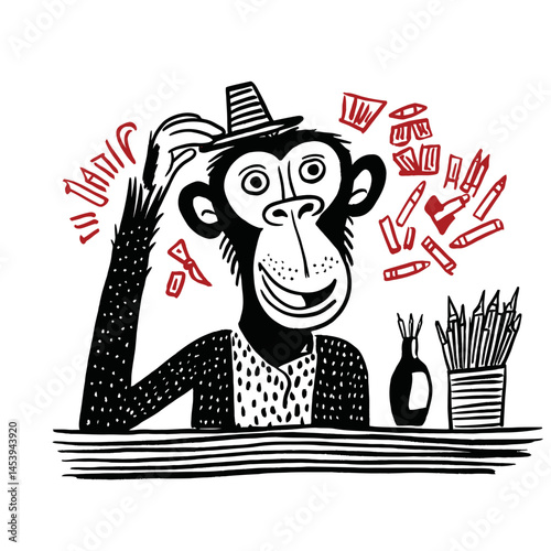Whimsical Hand-Drawn Doodle of a Cartoon Monkey with Accessories