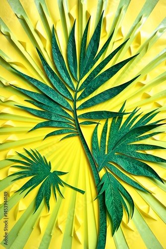 Paper art illustration: detailed green palm leaves on a textured yellow background. Creative and unique style.