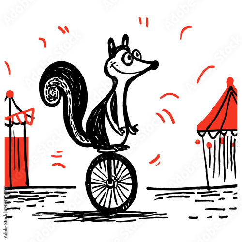 Cute Hand-Drawn Illustration of a Squirrel on a Unicycle