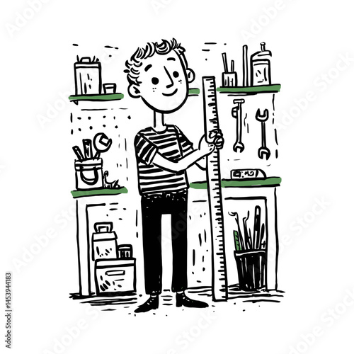Hand-Drawn Illustration of a Young Person with a Ruler in Workshop