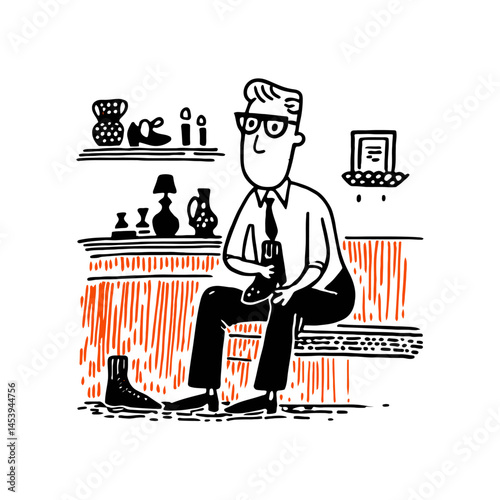 Hand-Drawn Illustration of Man Sitting with a Glass and a Shoe