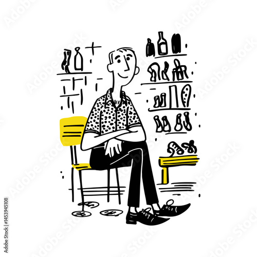 Hand-Drawn Doodle of a Man Sitting on Chair in Relaxed Illustration