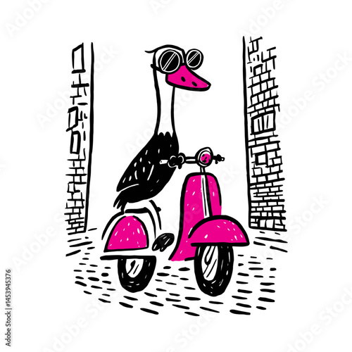 Doodle Illustration of a Bird Riding a Scooter in Bold Colors
