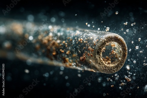 Close-up of Metal Pipe with Rust and Debris Floating in Liquid on a Dark Background for Scientific Study
