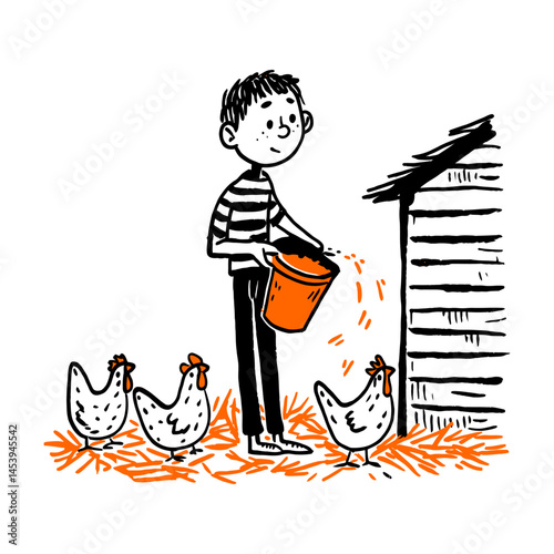 Boy Feeding Chickens in Hand-Drawn Farm Illustration Design