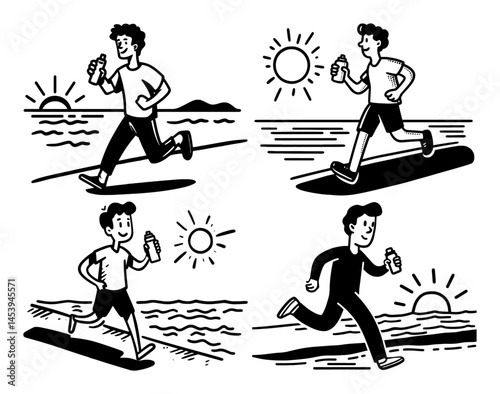 Hand-Drawn Illustrations of Young Men Running With Drinks