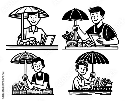 Hand-Drawn Illustration of Market Sellers with Umbrellas in Lineart Style