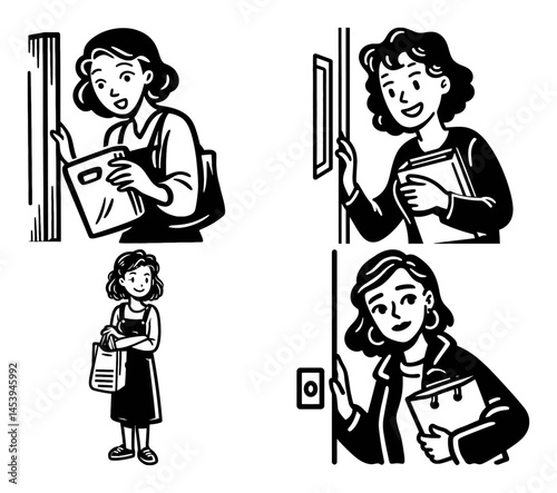 Hand-Drawn Line Art Illustration of Women Engaging at Home Entrance