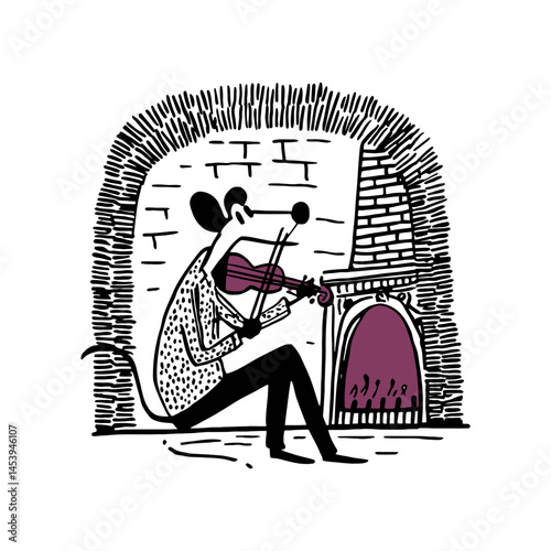Hand-Drawn Doodle of Mouse Playing Violin by Fireplace