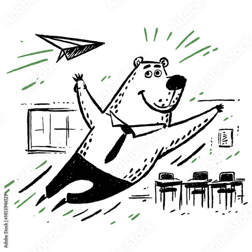 Playful Bear in a Tie Flying a Paper Airplane Hand-Drawn Illustration