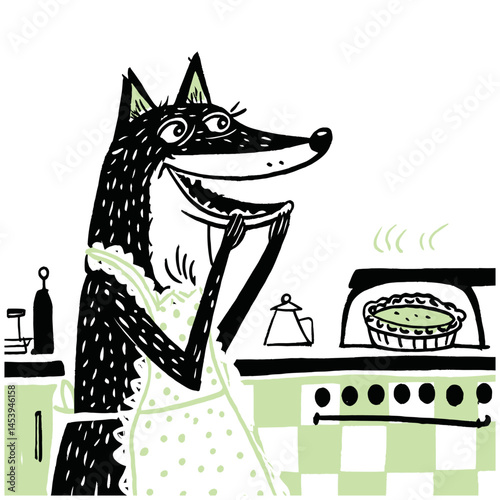 Charming Doodle of a Dog Waiting for Pie in Kitchen Illustration