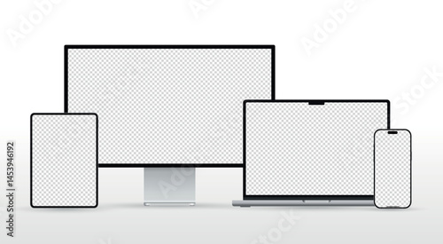 Realistic set of monitor, laptop, tablet, and smartphone. Modern digital devices collection. Vector illustration isolated on white background.