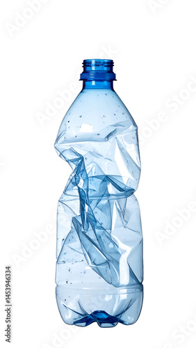 crushed transparent plastic water bottle with blue cap, realistic waste object for recycling and pollution awareness on isolated background
