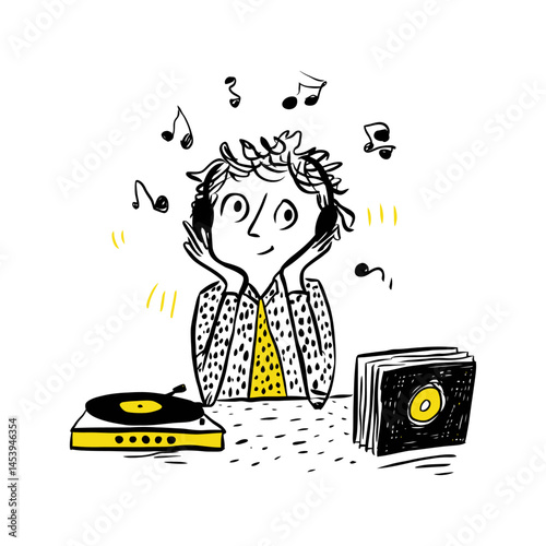 Hand-Drawn Illustration of a Person Enjoying Music with Vinyl Records