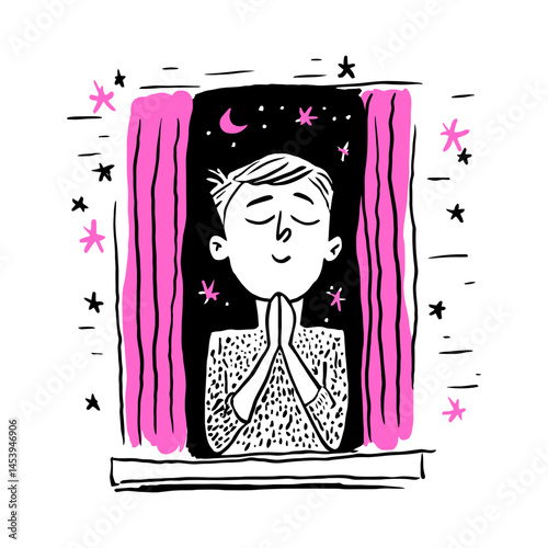 Hand Drawn Doodle Illustration of a Person Gazing Out a Window