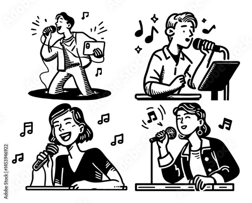 Hand-Drawn Line Art Illustration of Singers in Various Poses