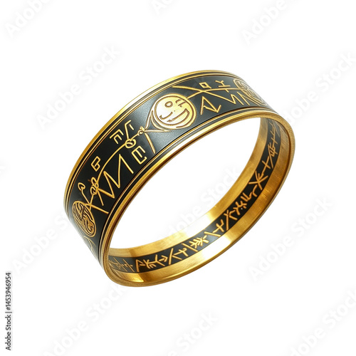 Elegant Black and Gold Engraved Ring with Mystical Symbols