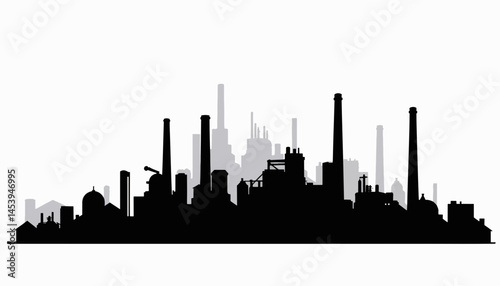 Urban factory skyline silhouette with smokestacks, industrial symbolism