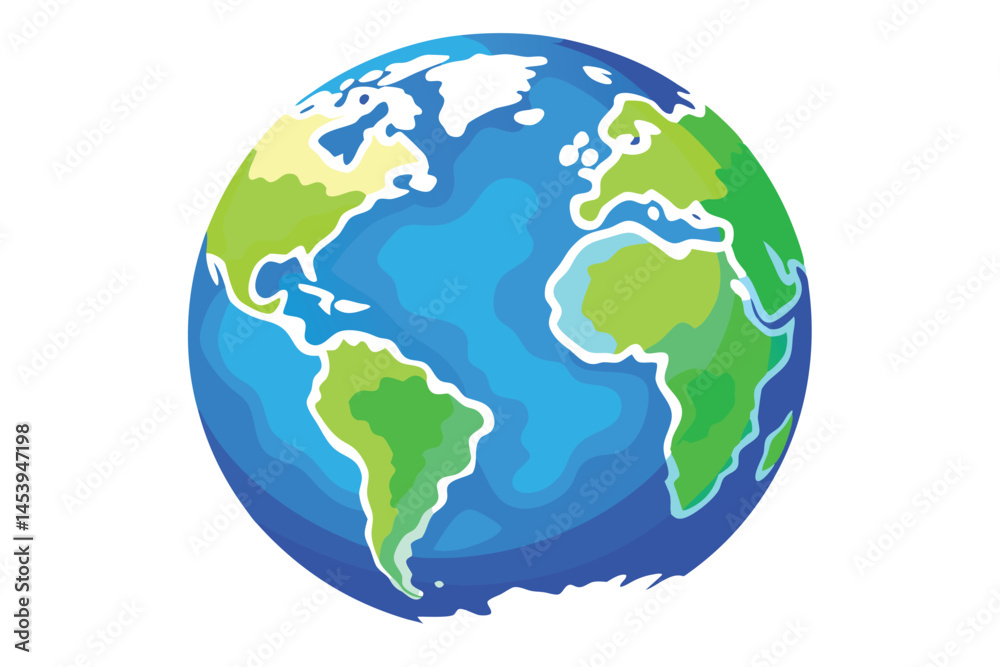 Round earth globe prominently displaying continents with green land and blue water on a white background Round earth globe prominently displaying continents with green land and blue water on a white background