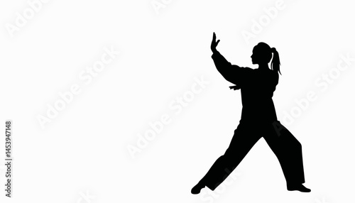 Graceful woman practicing tai chi in silhouette, inner peace