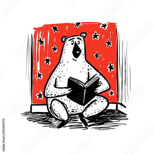 Playful Bear Reading Book in Hand-Drawn Doodle Style Illustration