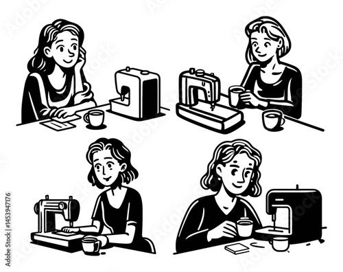 Hand-Drawn Lineart Illustration of Sewing and Creative Process