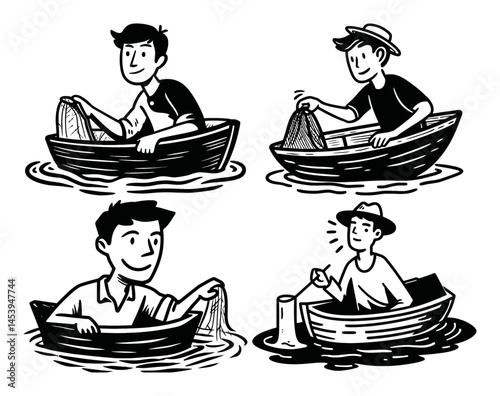Hand-Drawn Line Art of Fishermen in Boats Engaged in Various Activities