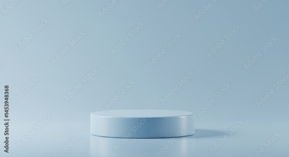 Minimalist 3D render of a single smooth cylindrical pedestal rendered in a soft pastel blue color. Stage for product display, advertising. Minimalist 3D render of a single smooth cylindrical pedestal rendered in a soft pastel blue color. Stage for product display, advertising.