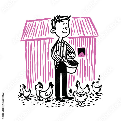 Hand-Drawn Illustration of Farmer Feeding Chickens Near a Barn