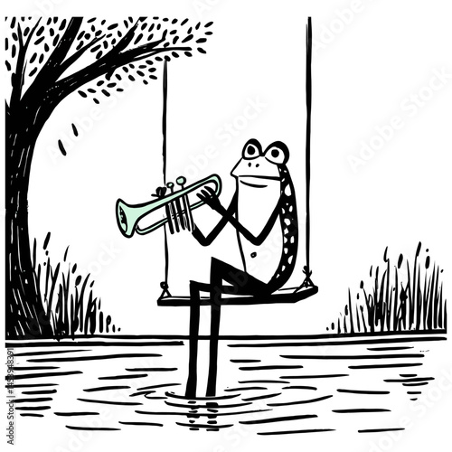 Frog Playing Trumpet on a Swing in a Hand-Drawn Doodle Style