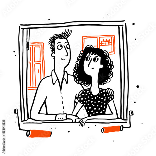Hand-Drawn Illustration of Couple Looking Out Window in Doodle Style