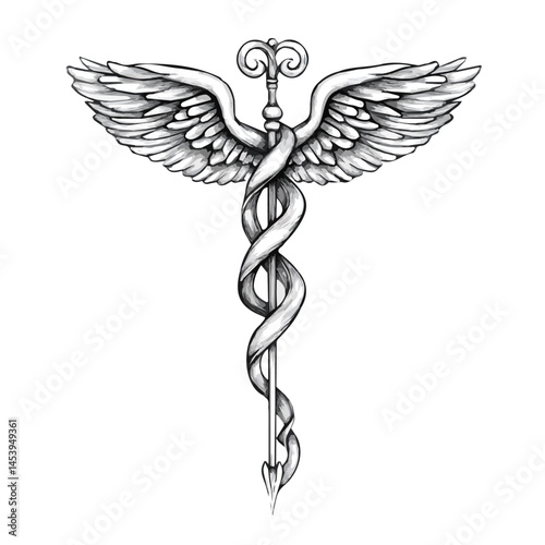 Caduceus symbol - black and white & minimalist design for tattoos, logos, vectors - isolated on white background.