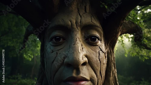 The ancient tree with big roots and human face in mystical forest. A Forest Spirit. Fantasy tree. HD, Ai generated
