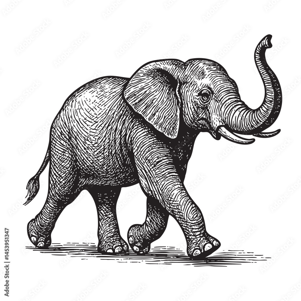 Fototapeta premium elephant walking woodcut engraving vector illustration