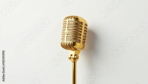 Close-up shot of a single gold microphone on white background, recording, music equipment, shiny