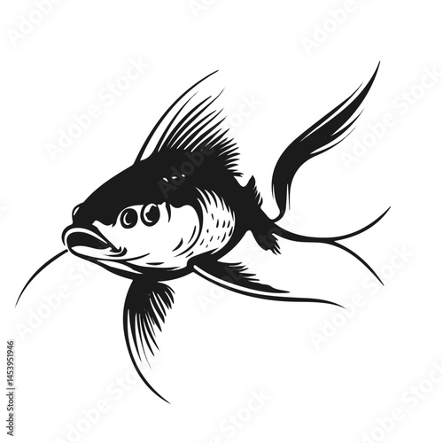 Black and white Catfish With Barbels symbol, perfect for tattoos, vectors, logos, isolated on a white background.