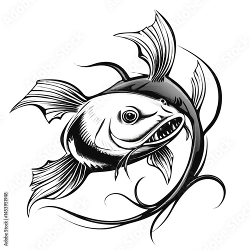 Catfish With Barbels symbol - minimalist black and white vector art - perfect for tattoos, logos - isolated on white