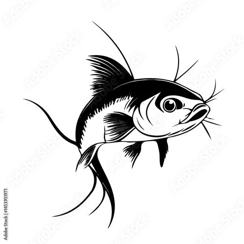 Black and white Catfish With Barbels symbol, perfect for tattoos, vectors, logos, isolated on a white background.